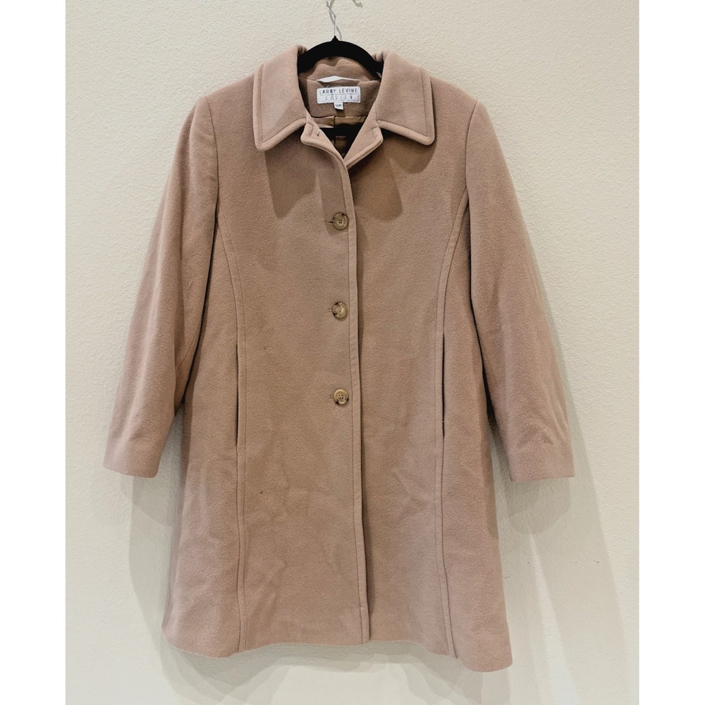 Larry Levine Single Breasted Italian Wool & Cashmere Overcoat Size 12P Tan Beige